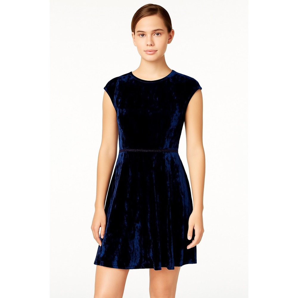 B Darlin Crushed Velvet Crochet Trim Dress Juniors Size 7/8 Navy Cap Sleeve